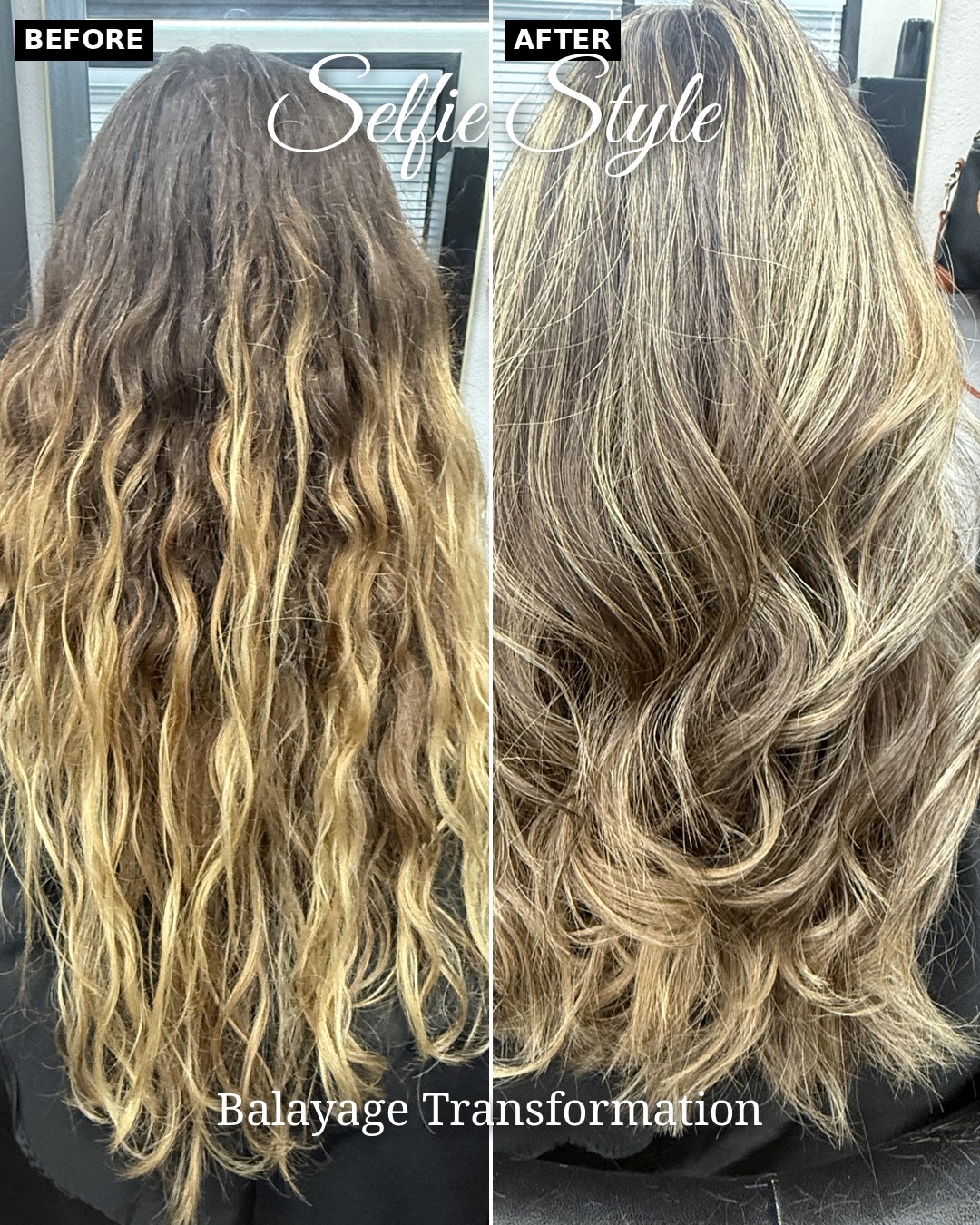 Real client balayage transformation at Selfie Style Hair Design — before, with grown-out brassy ends, and after, with smooth dimensional blonde balayage