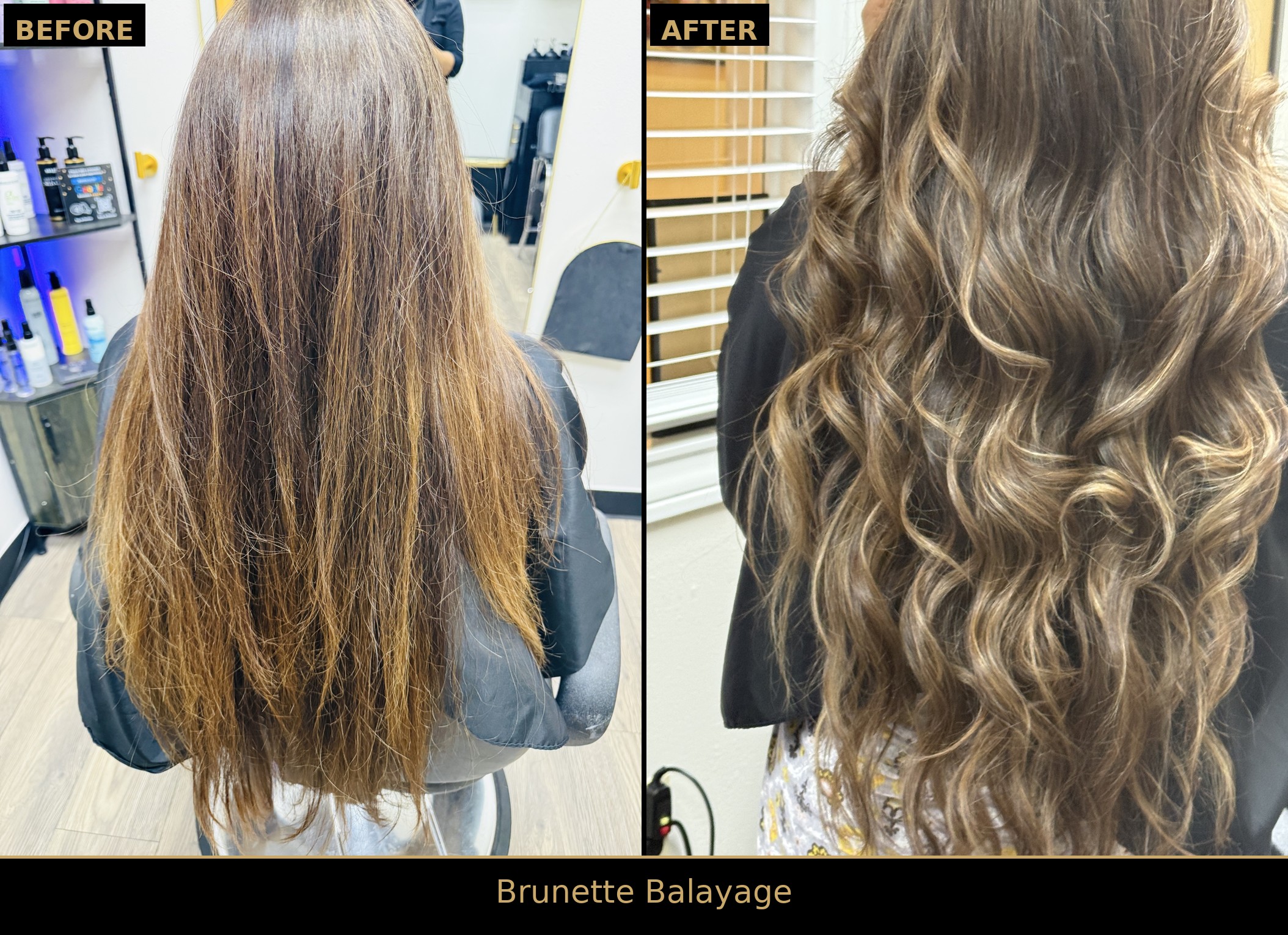 Side-by-side before and after: straight, faded brunette hair transformed into voluminous brunette balayage curls