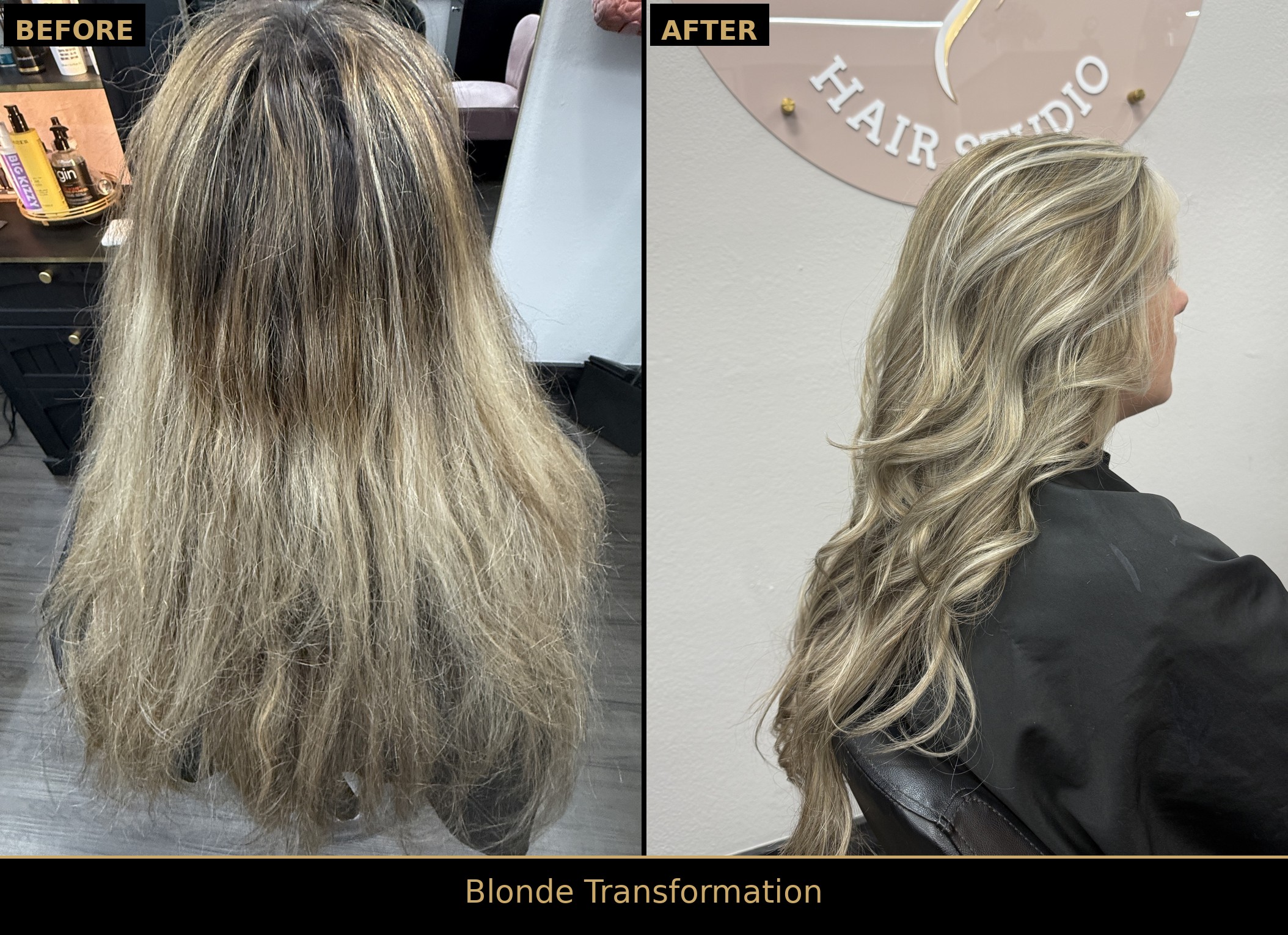 Side-by-side before and after: dry, brassy grown-out blonde transformed into smooth, bright dimensional blonde waves