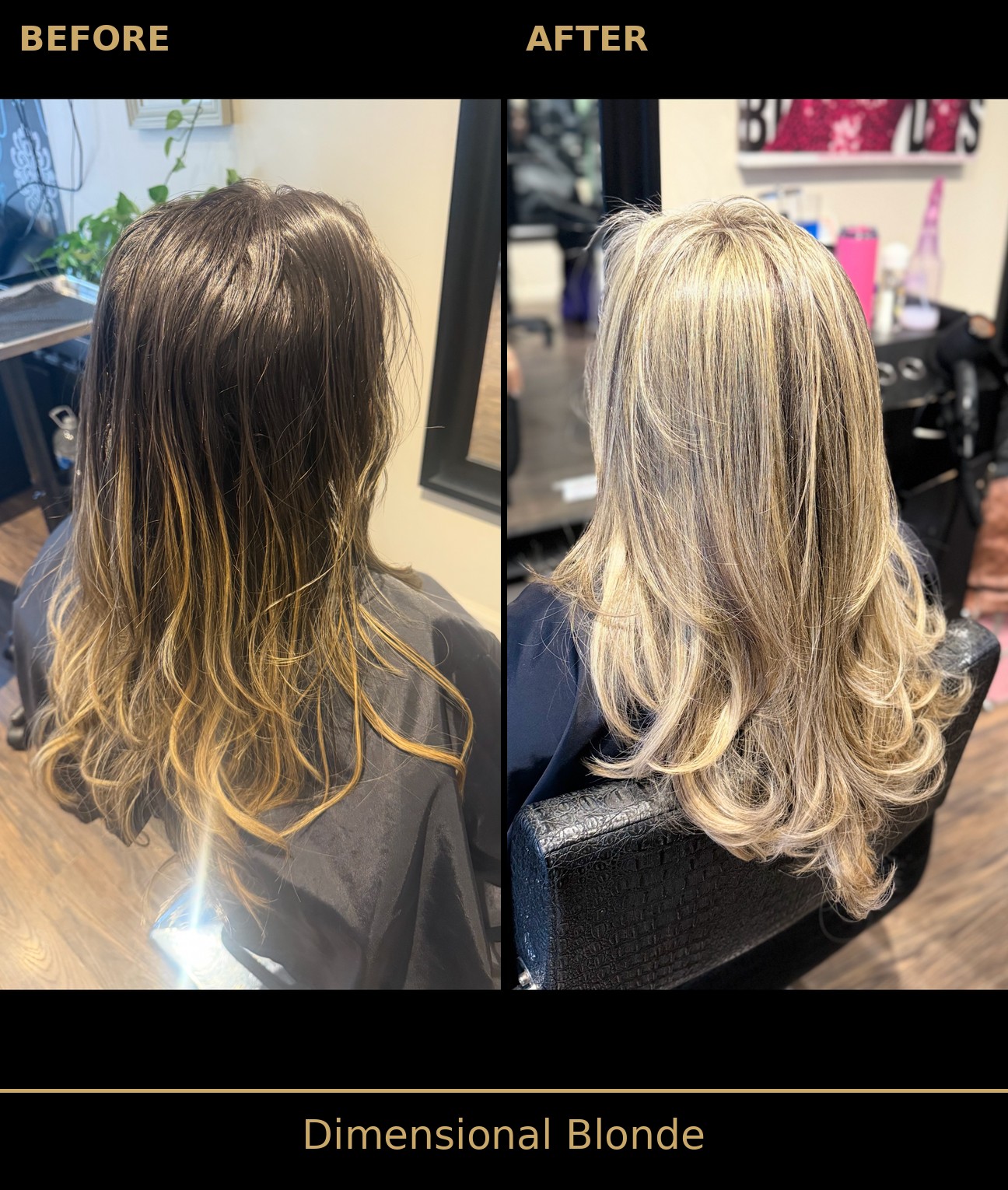 Side-by-side before and after: dark brunette hair with brassy ends transformed into long, flowing dimensional blonde layers