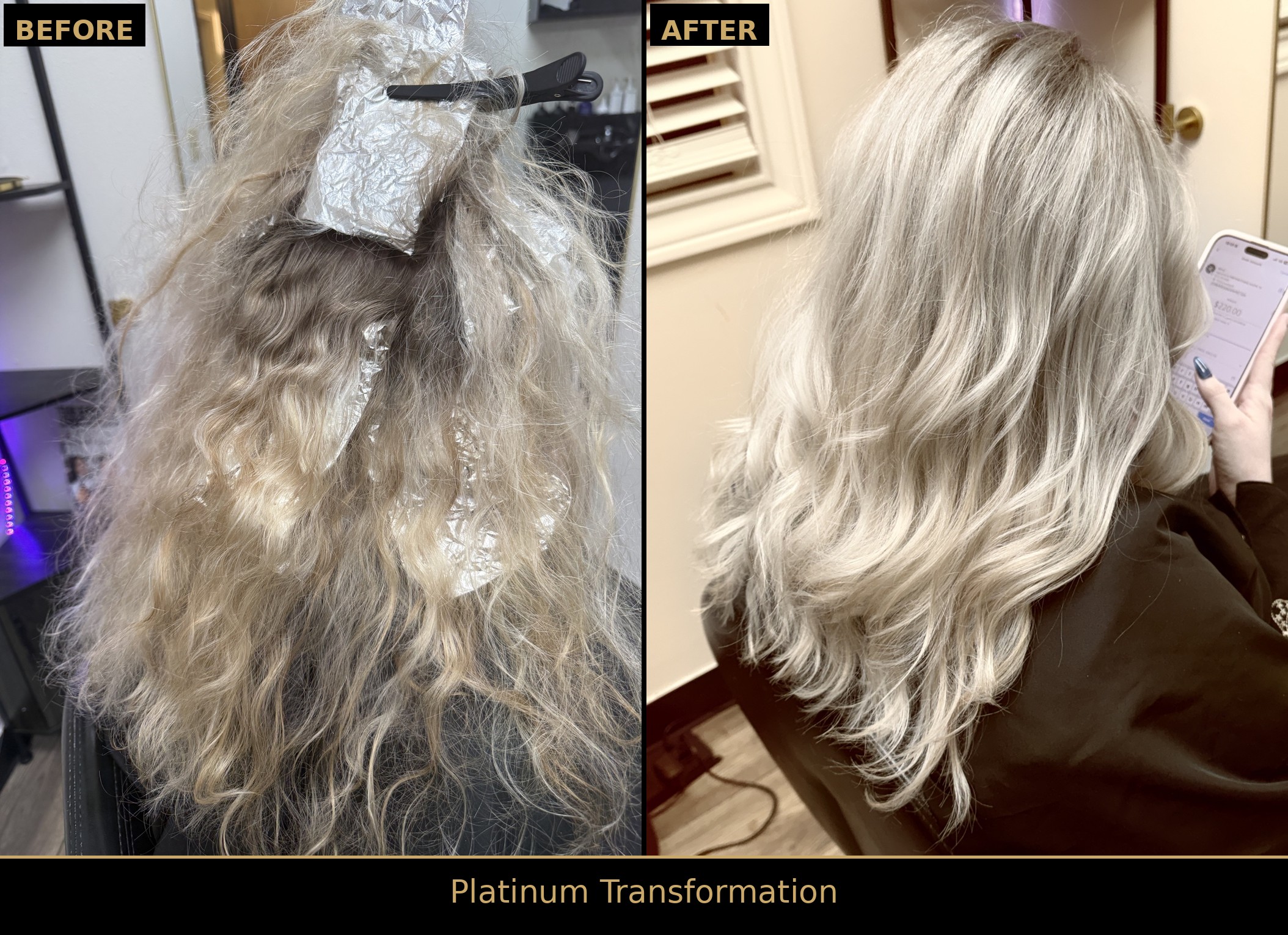 Side-by-side before and after: frizzy, wavy hair mid-color-service transformed into smooth, icy platinum waves