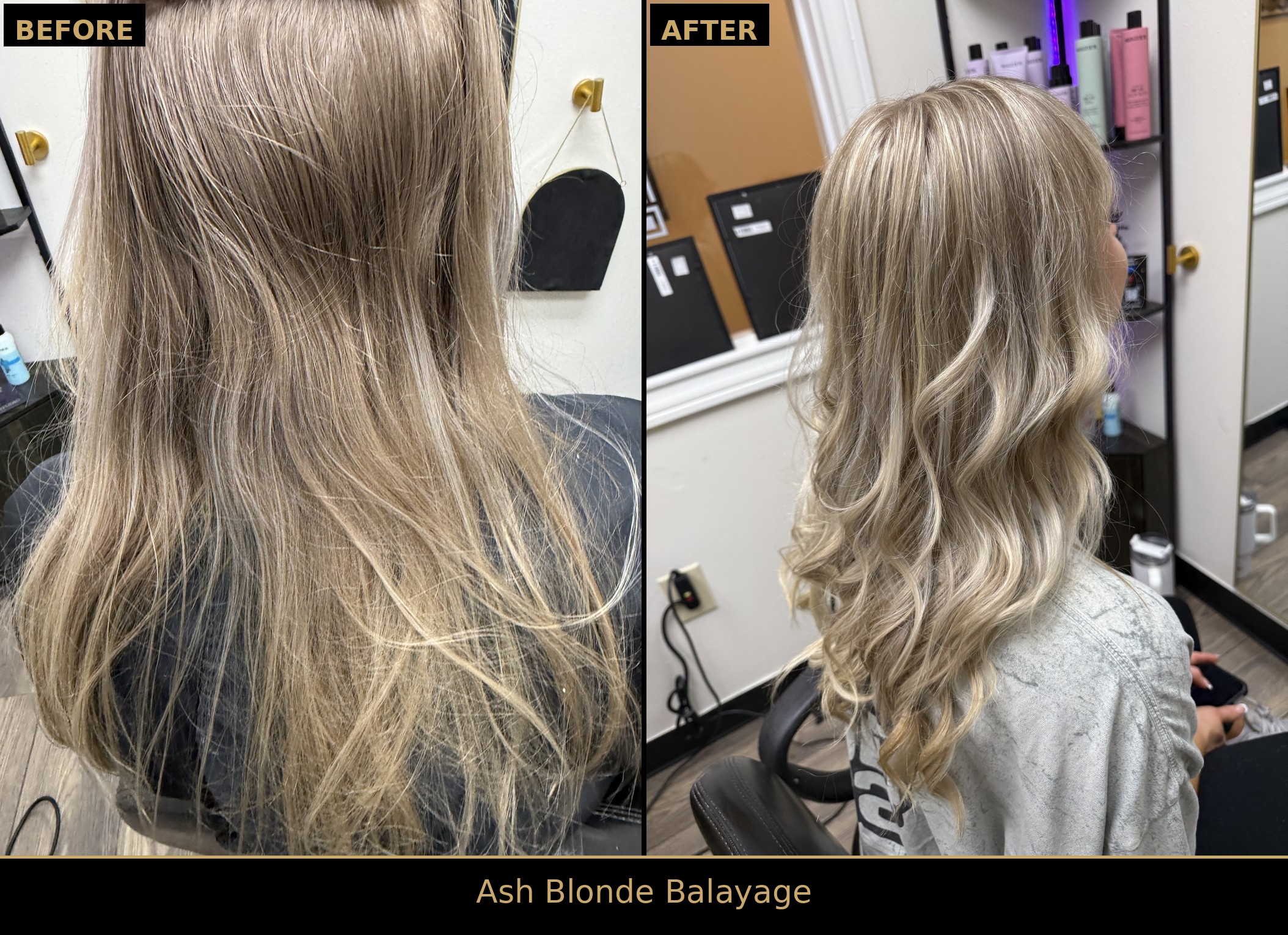 Side-by-side before and after: dull, grown-out blonde transformed into glossy ash blonde balayage waves